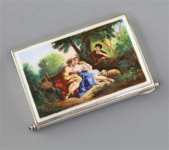 A 1920s/1930s continental silver and enamel rectangular minaudiere, gross 4.5 oz.